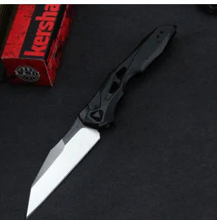 Black folding fruit knife with D2 steel blade and aluminium handle, shown closed at 19cm length.