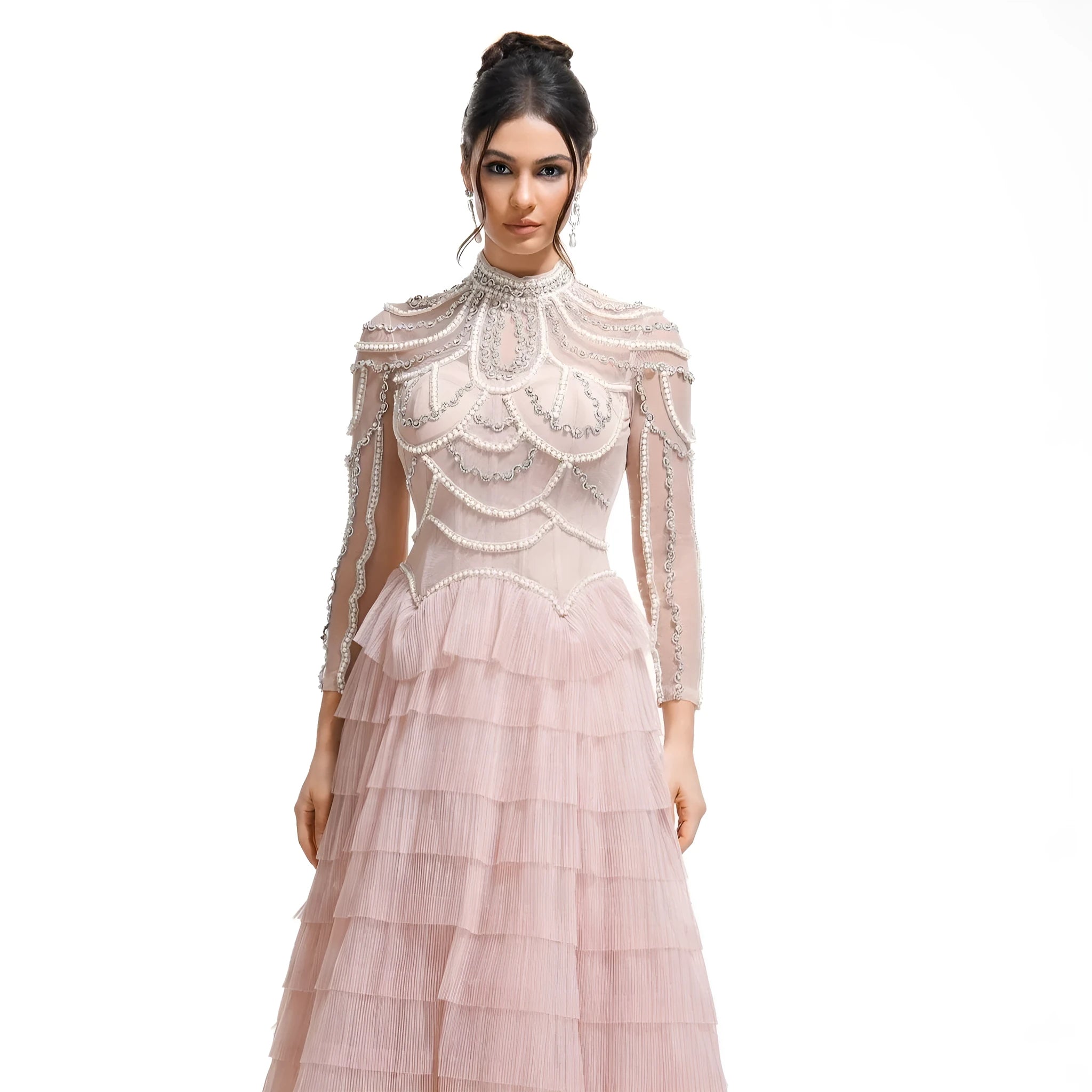Black long sleeve women's dress with beaded decoration and a long skirt.