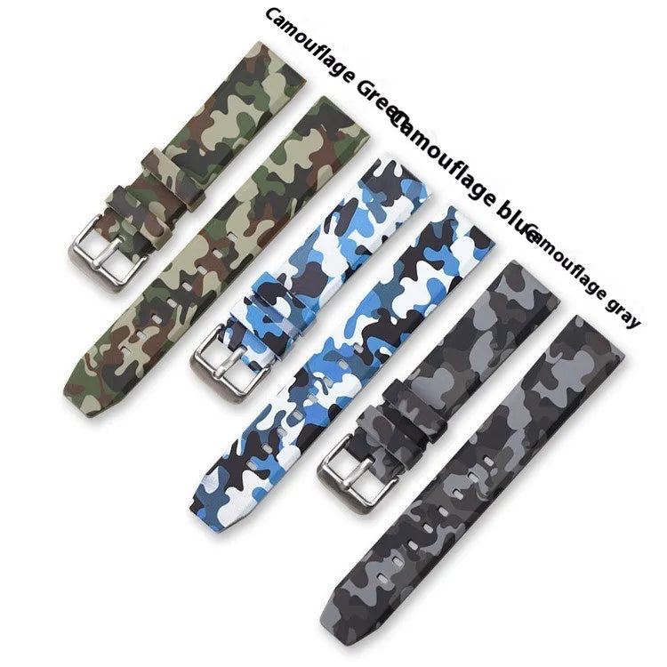 Green camouflage silicone watch strap showing flat head design and 20mm width.