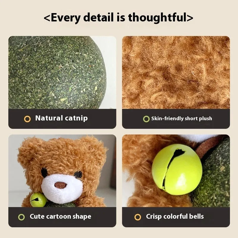 Plush catnip ball toy shaped like a small animal, showing dimensions and a mint-scented ball.