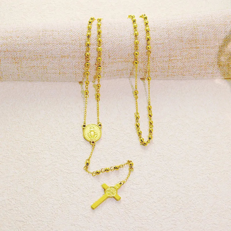 Stainless steel cross pendant necklace sweater chain for women with electroplated finish in gold or steel colour