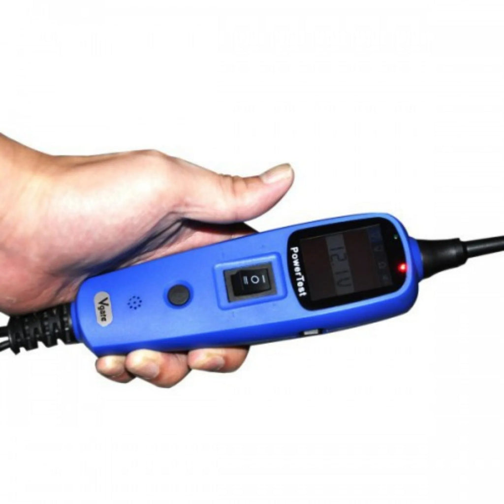 Blue PowerTest PT150 automotive circuit test pen with TFT display, cables, and rugged case for vehicle diagnostics.