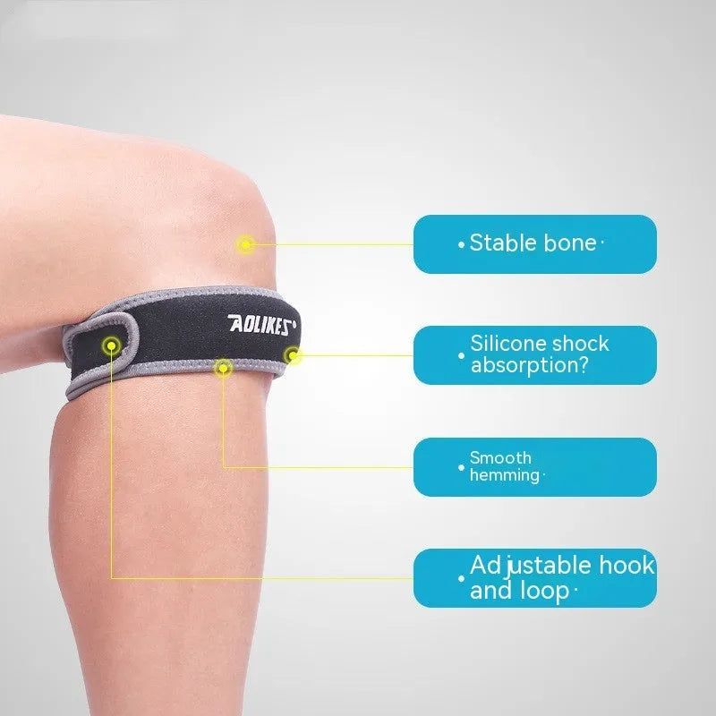 Black and grey patella retinaculum knee brace for sports protection.