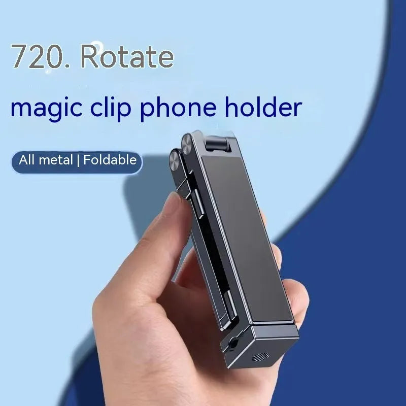 Silver aluminium alloy portable foldable clip lazy phone holder on a desk