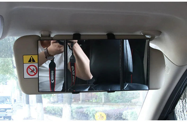 Silver car folding makeup mirror shown both closed and opened, with ABS frame and glass mirror.
