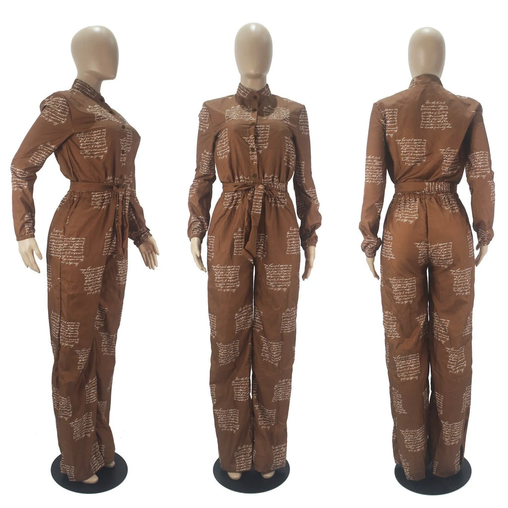 Women's loose shirt jumpsuit, long sleeve, printed thin polyester, mid waist, white or brown, sizes S to XXL