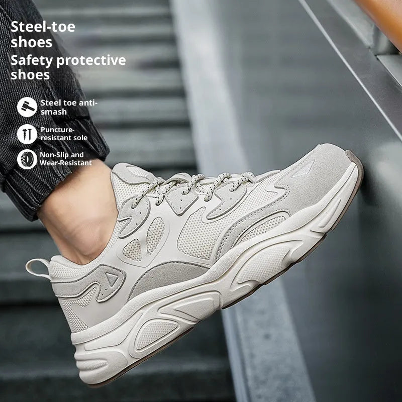 Steel head non-slip mesh breathable low top safety shoes front lace-up men's casual footwear