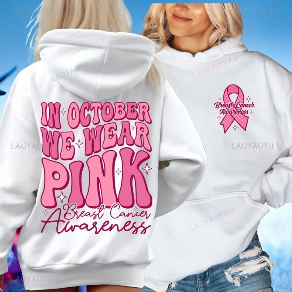 Breast Cancer Awareness retro print hoodie with side pockets in pink, white, khaki, or black.