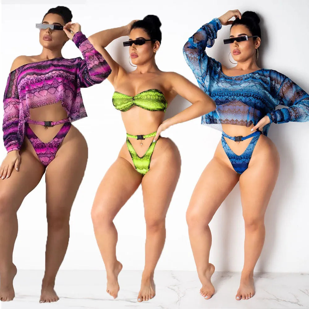 Women's snakeskin print polyester bikini set with long sleeves and shorts in purple, blue or green