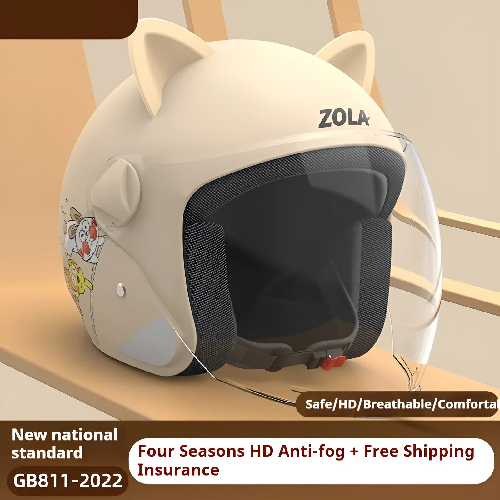 Winter electric bike helmet with attached blue scarf and clear anti-fog visor shown on a bicycle handlebar.