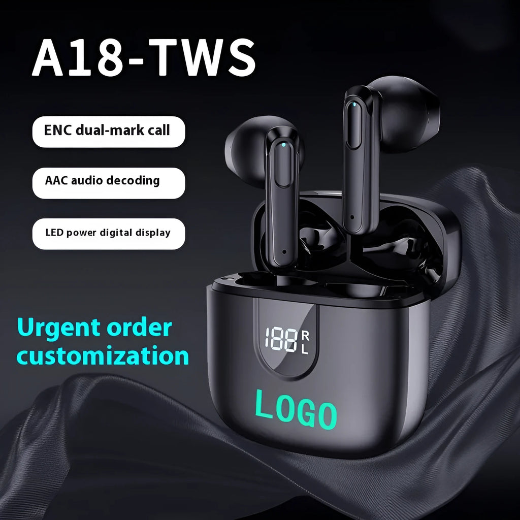 A18 wireless Bluetooth headset in-ear noise reduction with digital display, 10m range, PC ABS body, black or white