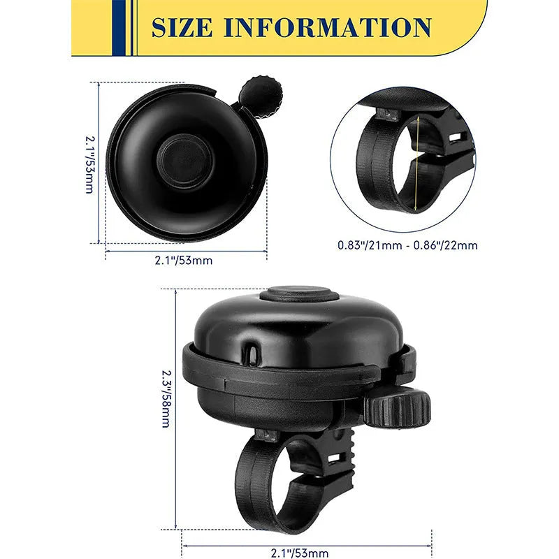 Black 58mm mountain bicycle bell with ABS plastic construction and mounting fixture