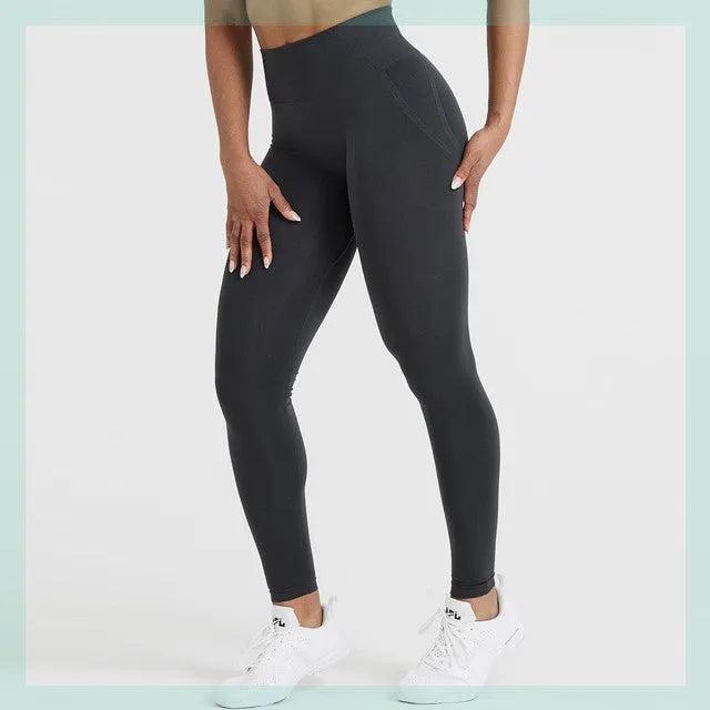 Women's seamless scrunch butt leggings in straight-leg style, available in Black, coal, rosewood, midnight, evergreen, and sage colours