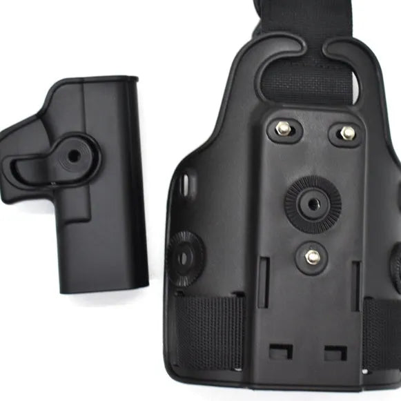 Green plastic quick-pull leg bag holster for tactical waist plates