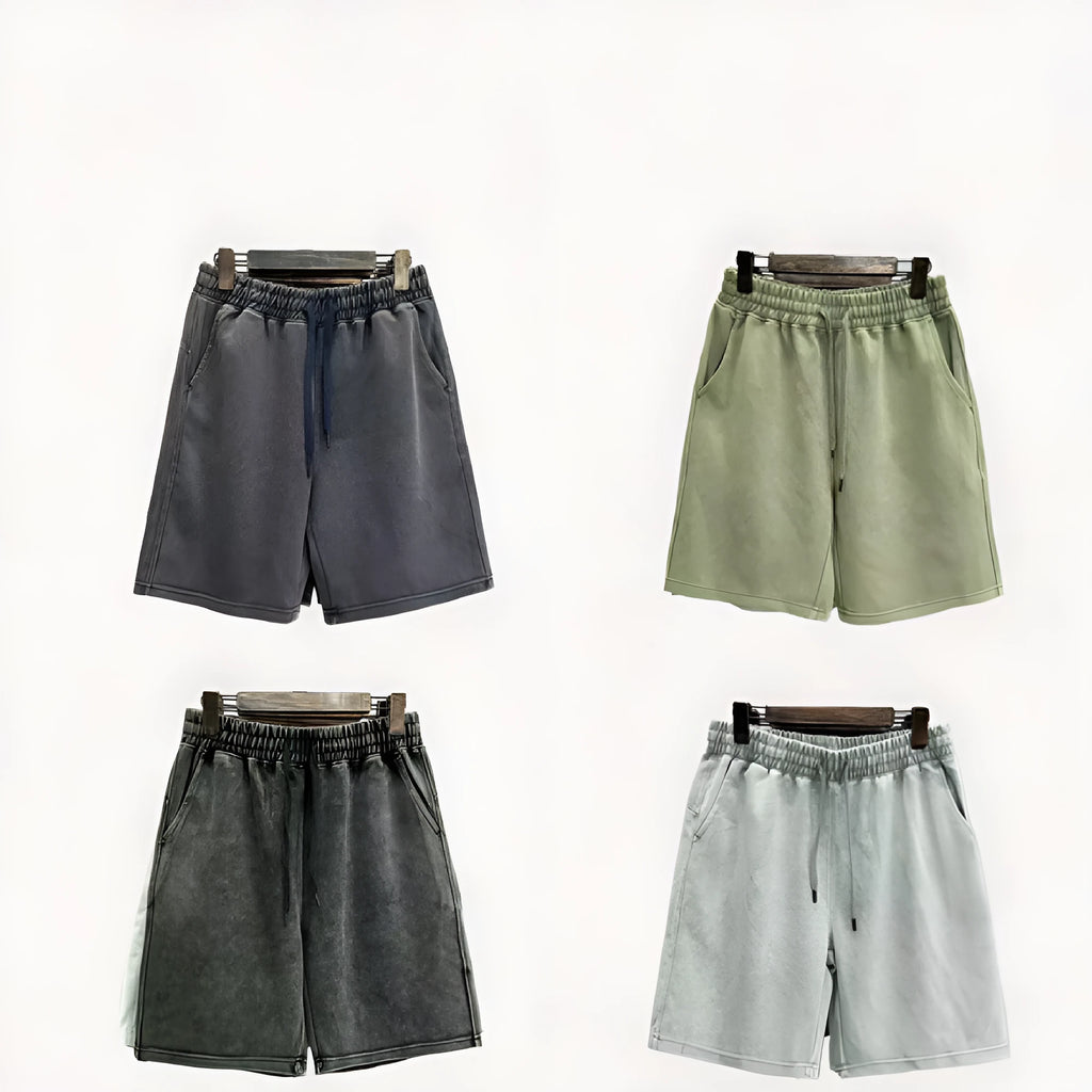 Men's loose straight-leg casual shorts in distressed solid colour cotton fabric