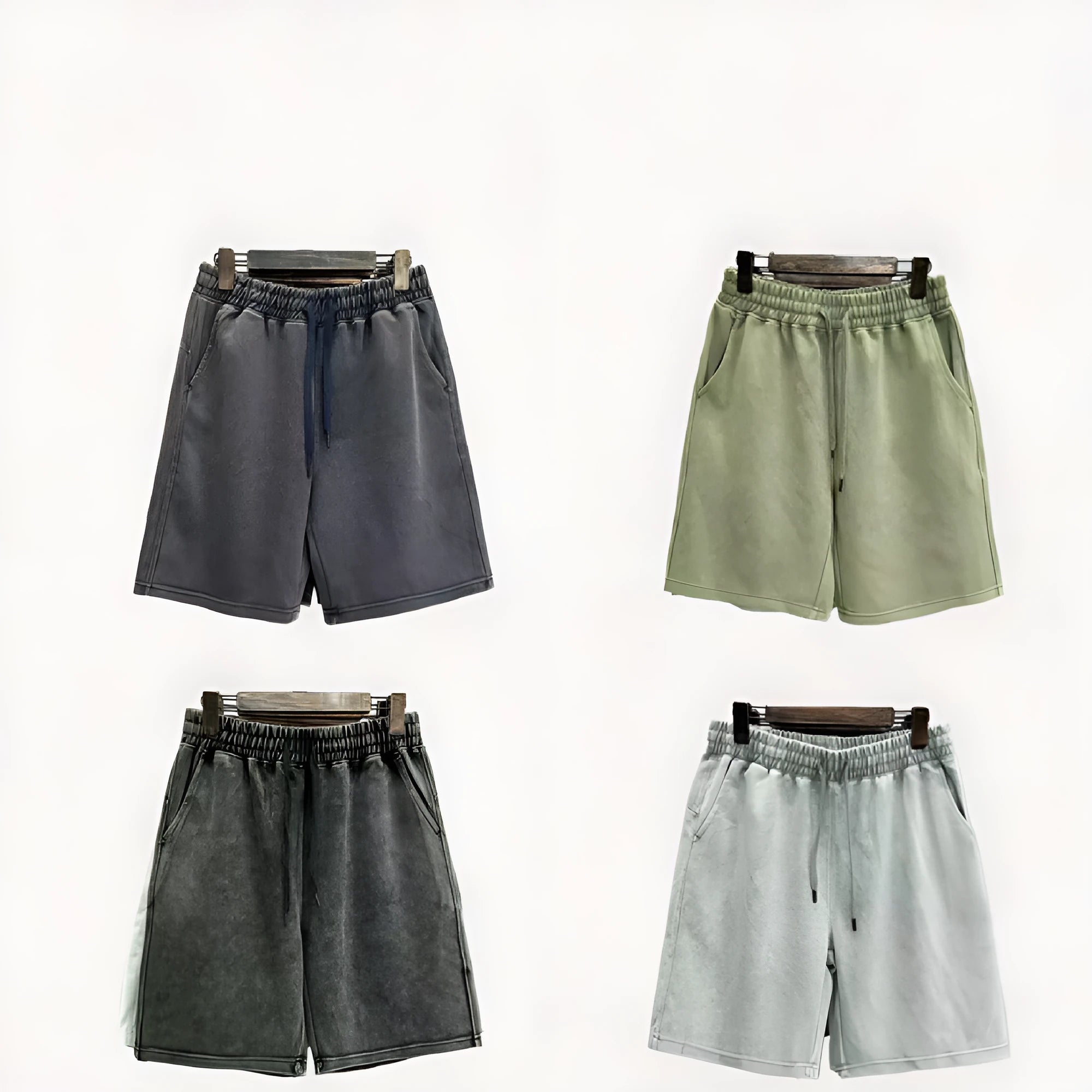 Men's loose straight-leg casual shorts in distressed solid colour cotton fabric