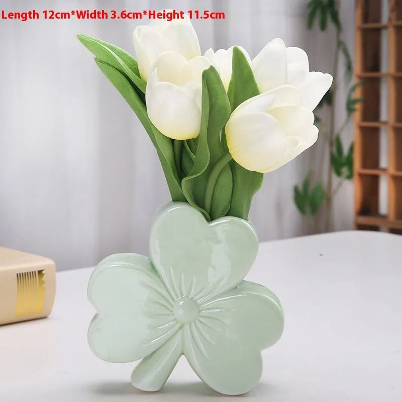 European-style ceramic desktop vase in light green colour, 15cm wide