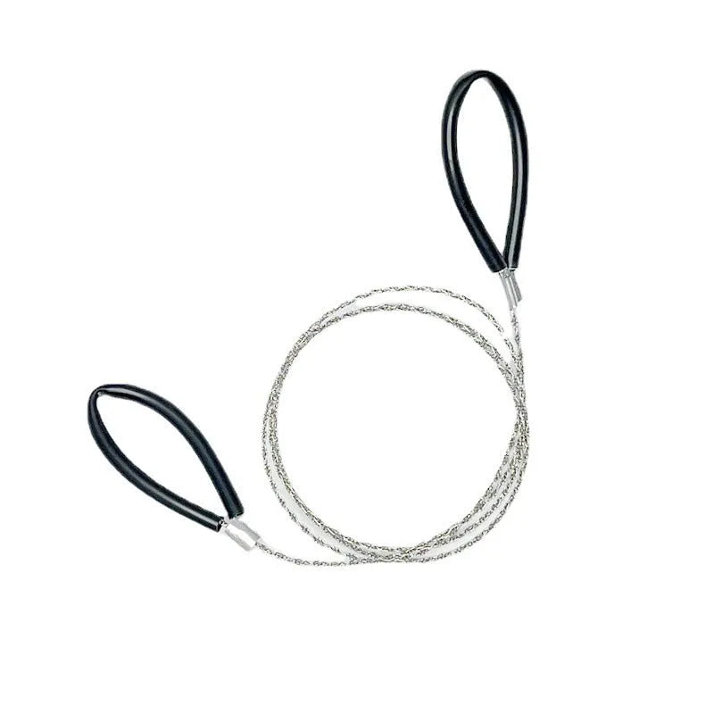 Outdoor survival wire saw with black leather hand case and coiled stainless steel cutting wire.