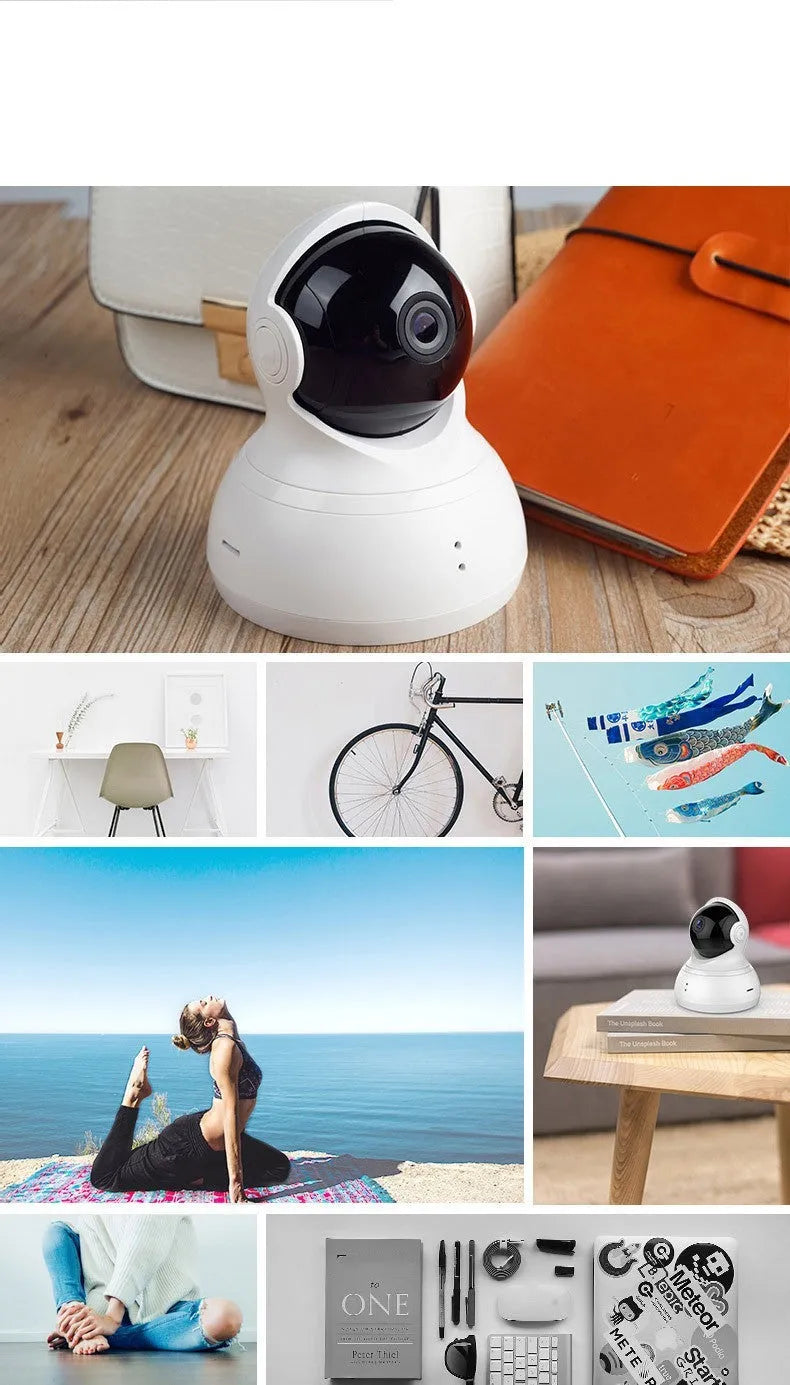 White HD night vision 360-degree surveillance wireless WiFi camera with wall mount for indoor home security monitoring