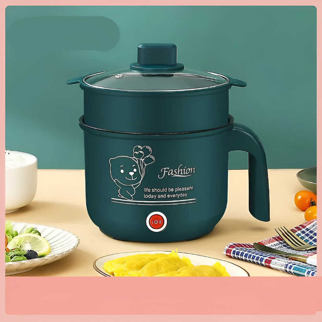 Emerald green multifunctional electric cooker with stainless steel liner, 1.8L capacity, on a kitchen counter