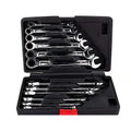 12-piece dual-purpose ratchet wrench set in plastic case with metric sizes 8-19mm