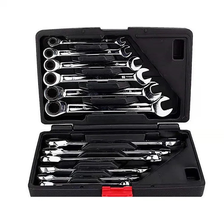 12-piece dual-purpose ratchet wrench set in plastic case with metric sizes 8-19mm