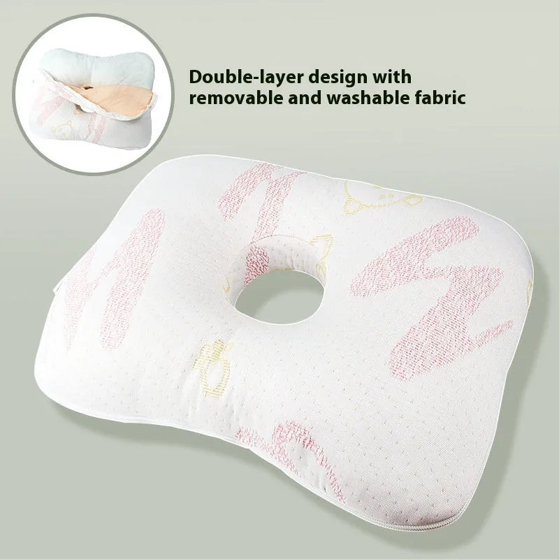 Beauty salon single hole ear pillow with detachable cover in grey, shown next to a towel.