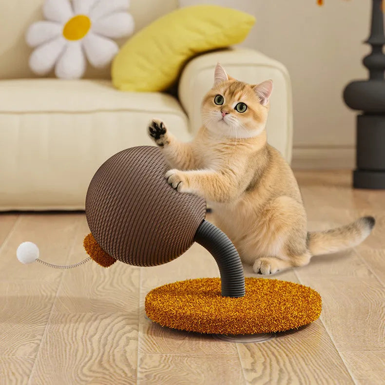 A cat scratch board made of coiled hemp rope with an attached wooden tumbler toy, shown in a simple, natural style.