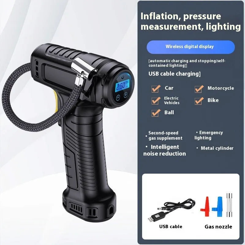 120W handheld inflator with digital display, lighting, ABS alloy body, 160 x 60 x 230 mm, DC12V, 20L/min airflow, air nozzle