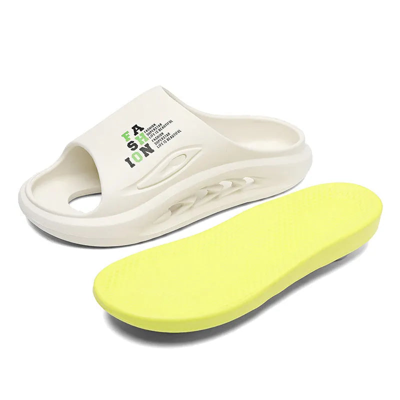 Men's white and green EVA sports slippers with a thick colour-blocked sole.