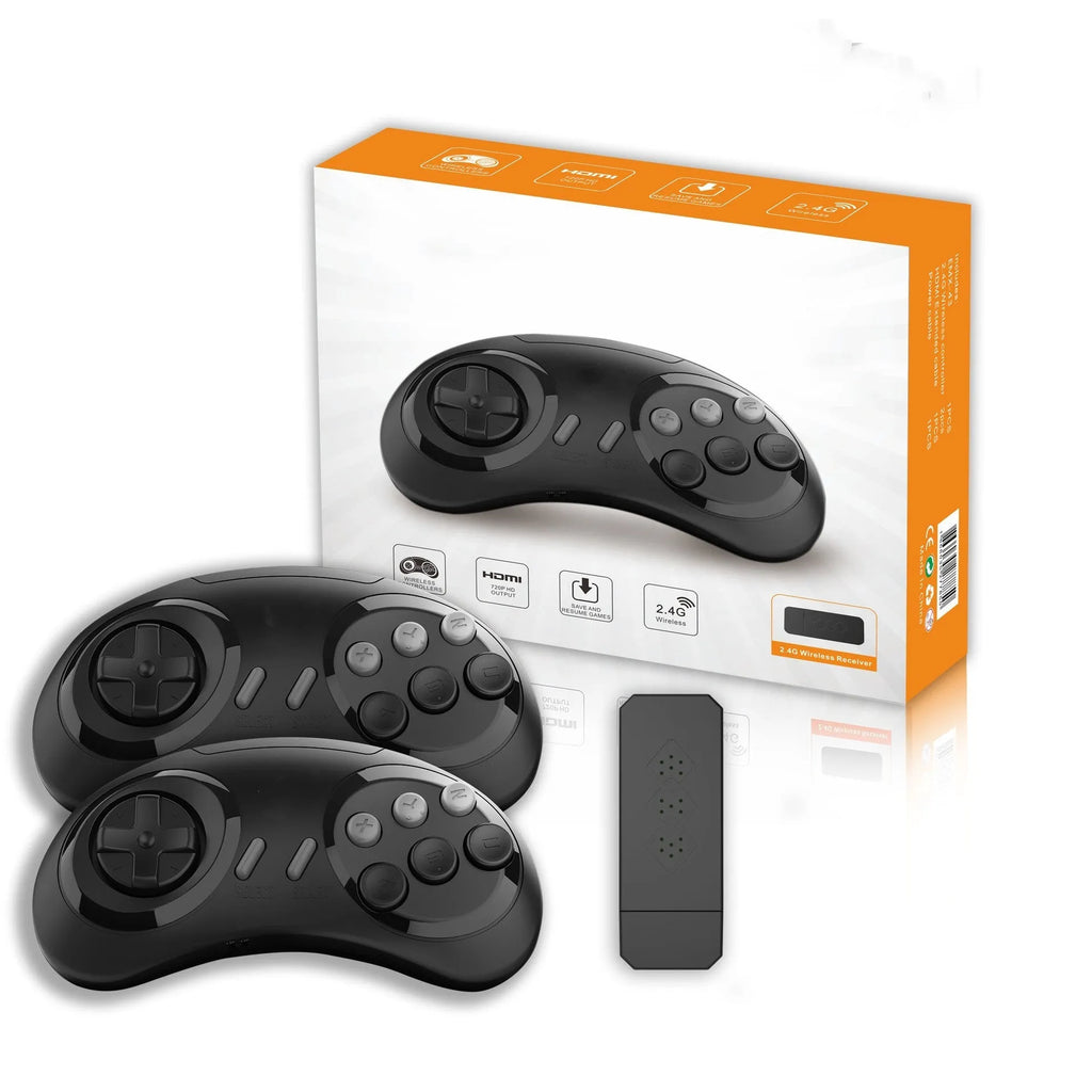Mini wireless home game console in black with nostalgic style, ABS material, and wireless gamepad for children aged 6-14