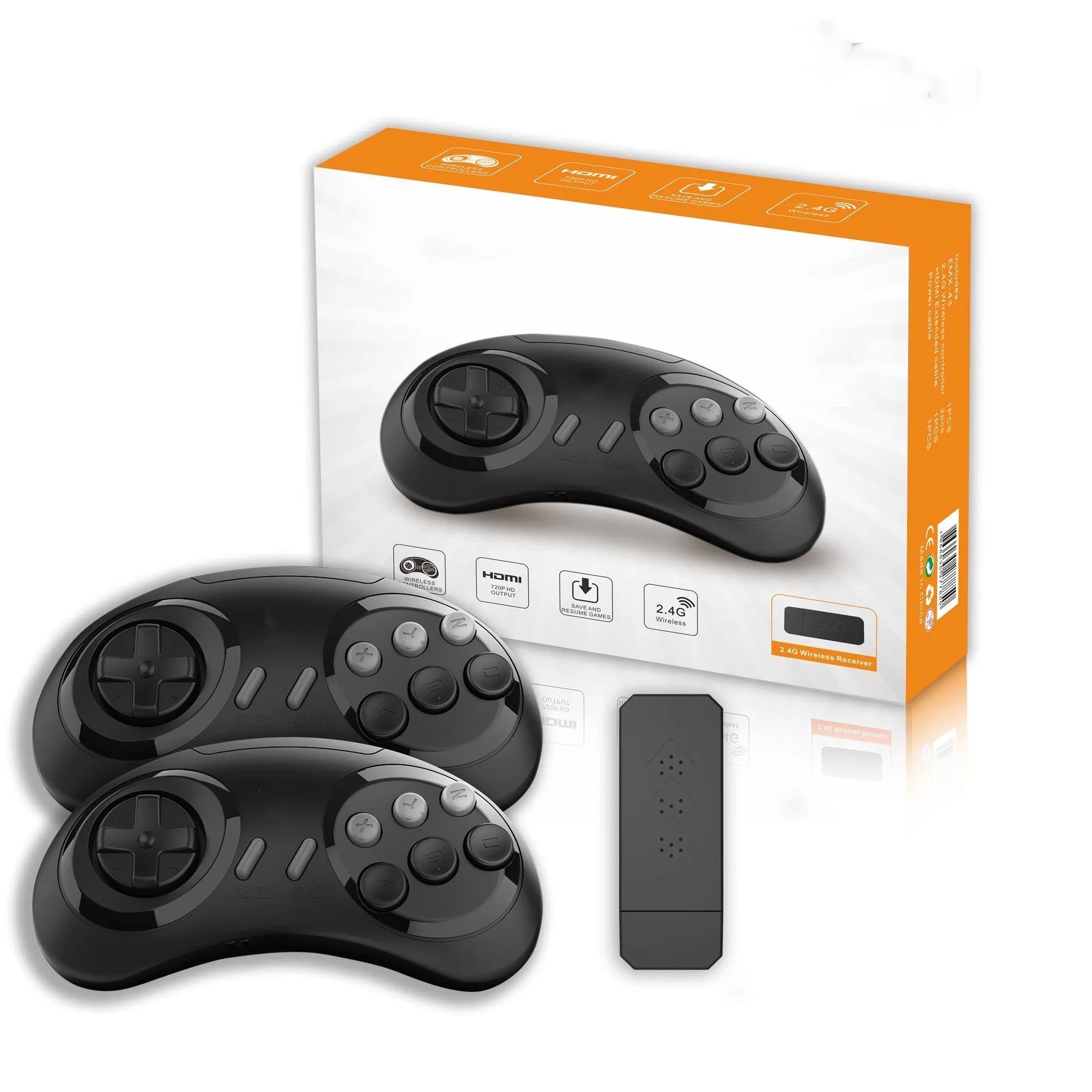 Mini wireless home game console in black with nostalgic style, ABS material, and wireless gamepad for children aged 6-14