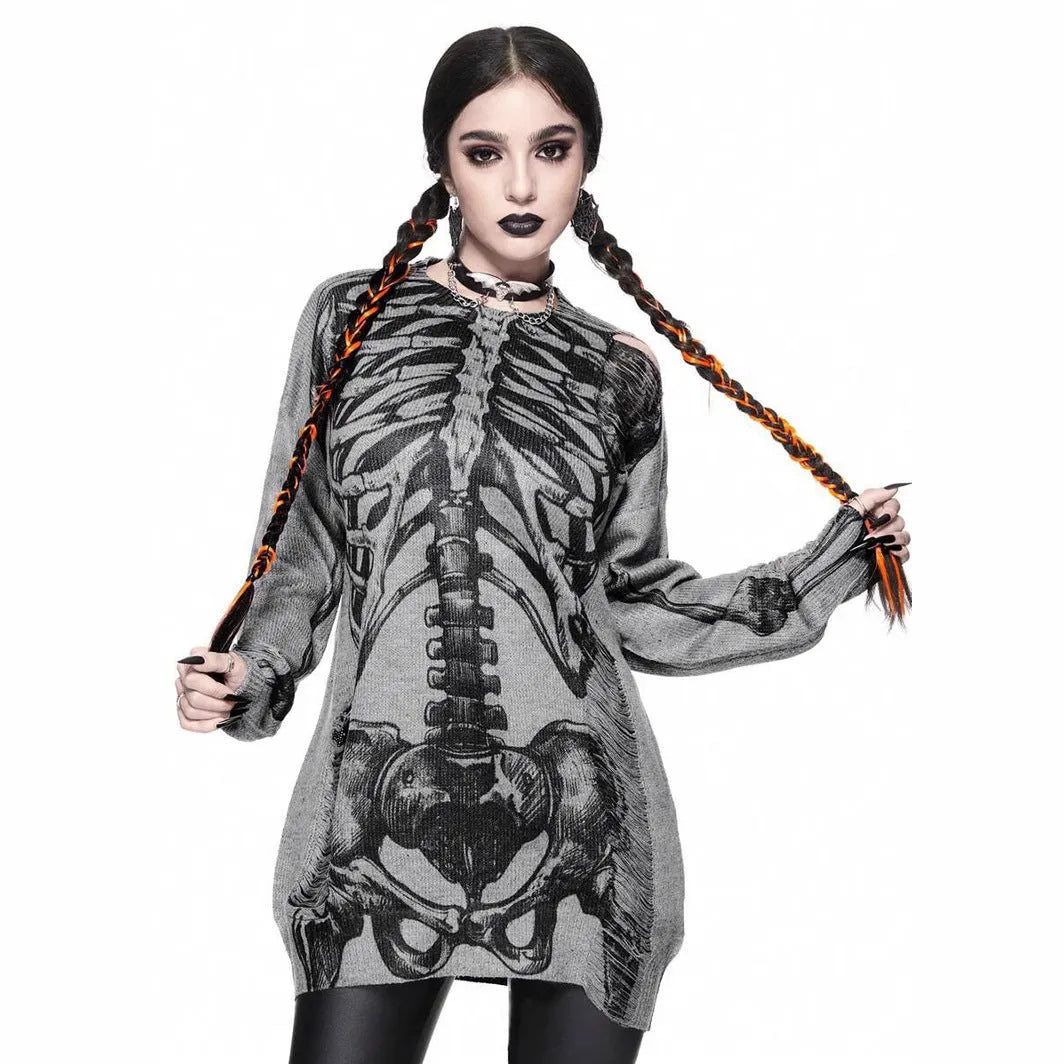 Women's grey viscose knit pullover jumper with long sleeves, loose fit, and character pattern