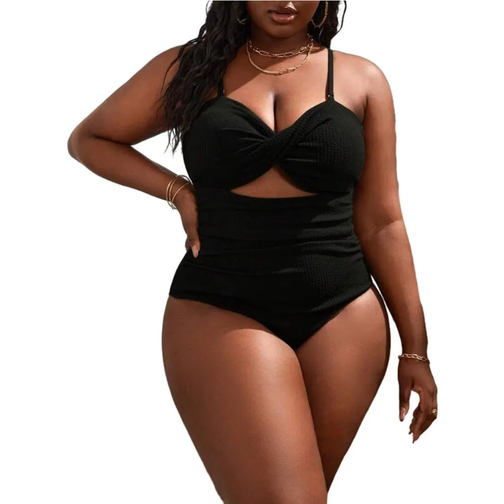 Plus size women's black slimming one-piece swimsuit with triangle sling and sleeveless design, sizes S-5XL