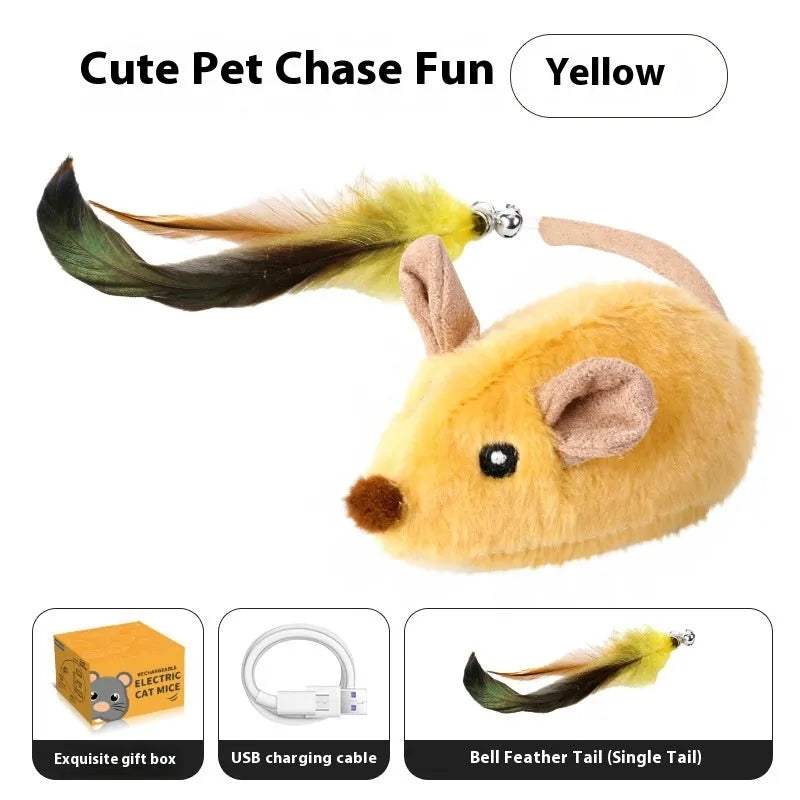 Electric charging simulation mouse cat toy with feather tail decoration