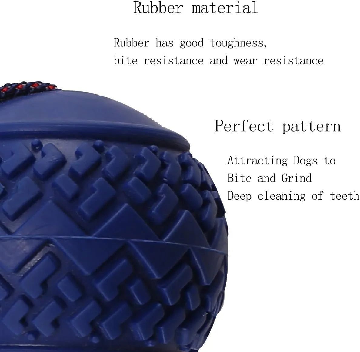 Blue natural rubber dog ball with rope toy, textured surface, shown with measurements