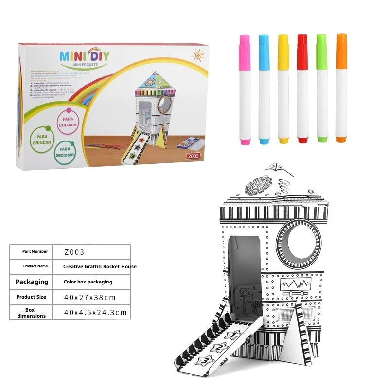 Handmade DIY three-dimensional carton paper model colour filling toy kit with graffiti castle design
