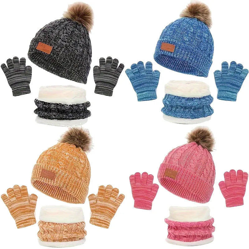 Children's knitted hat, scarf and gloves set in acrylic, single ball design, available in black, blue, rose red or yellow