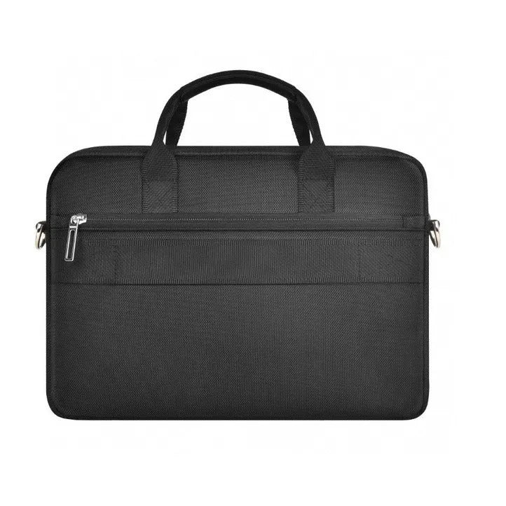 Black oxford cloth laptop handbag showing multiple internal pockets and a lock, suitable for a 14-inch or 15.6-inch computer.