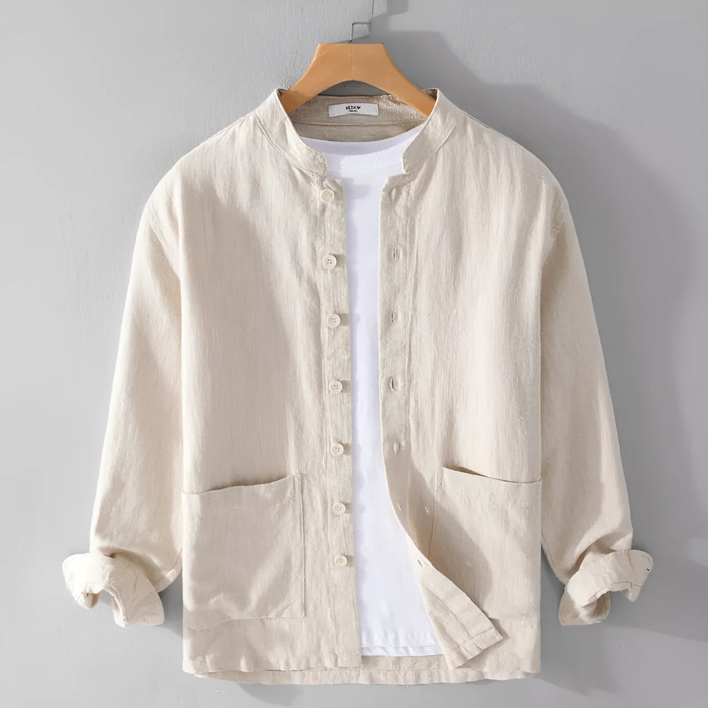 Men's retro stand collar Chinese knot button shirt coat in khaki, loose fit cardigan style