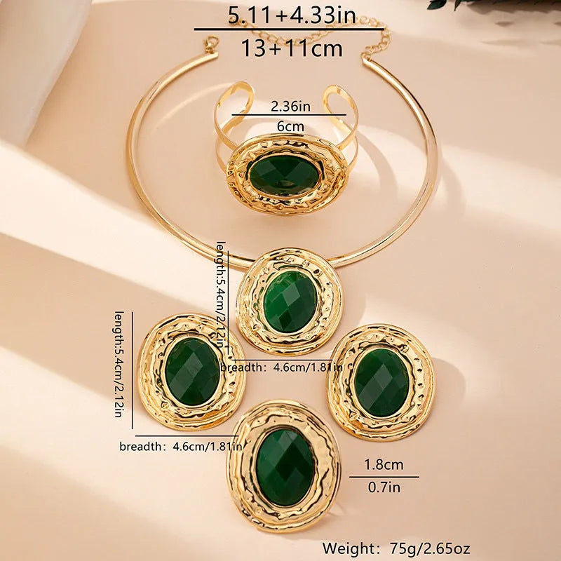 Fashion metal geometry round piece jewellery set with alloy necklace, earrings, ring, and bracelet in T651 suit colour for women