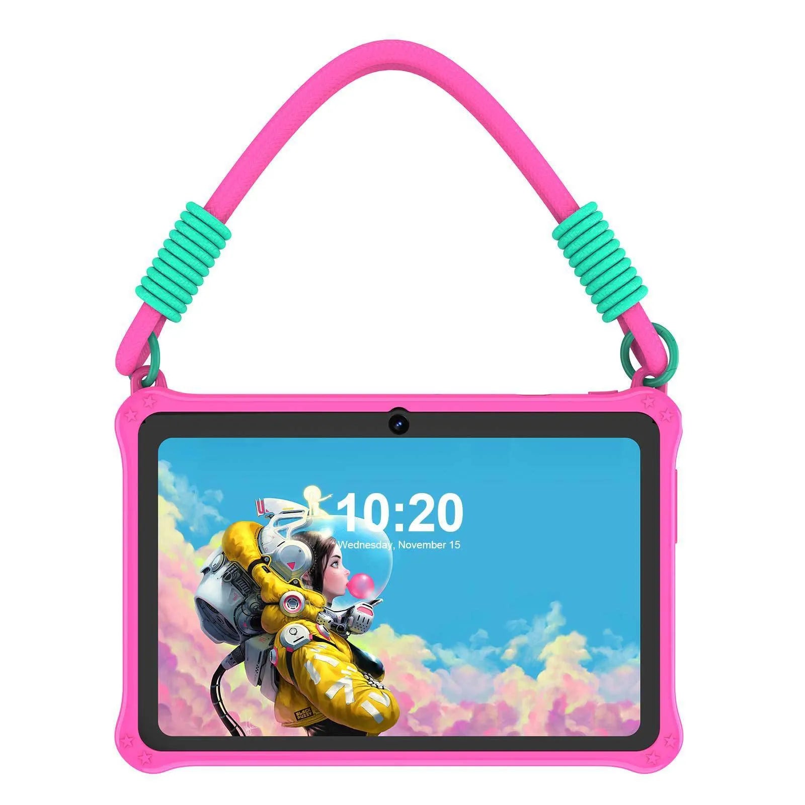 Blue silicone protective case for 7-inch children's tablet with flat strap and included accessories