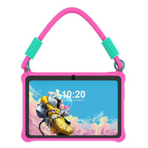 7-inch children's silicone tablet case with flat strap in sapphire blue and dark pink colours