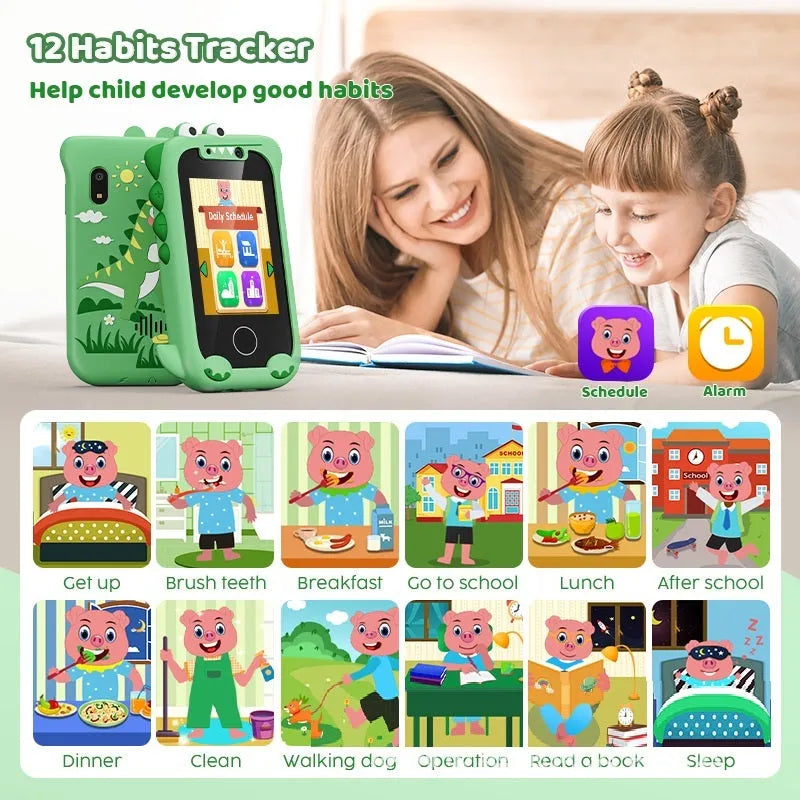 Blue and green bear-shaped handheld touch mobile phone camera toy for children on a white background