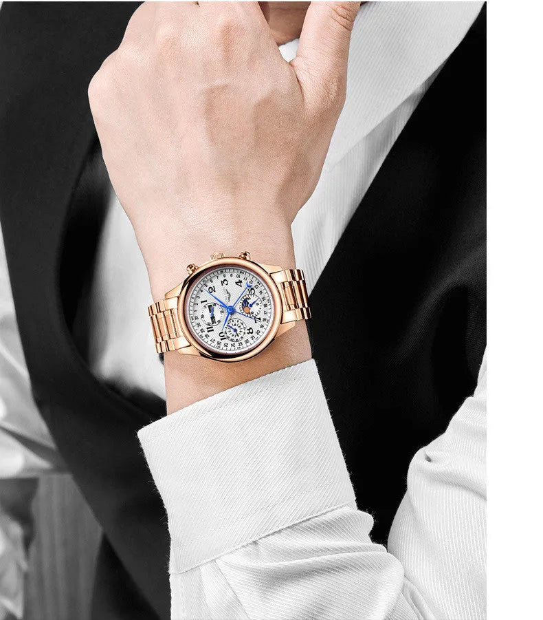 Men's mechanical perpetual calendar watch with moon phase display on black leather strap