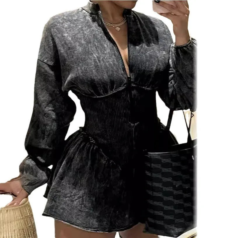 Grey digital print slim-fit women's dress with drawstring waist and long sleeves.