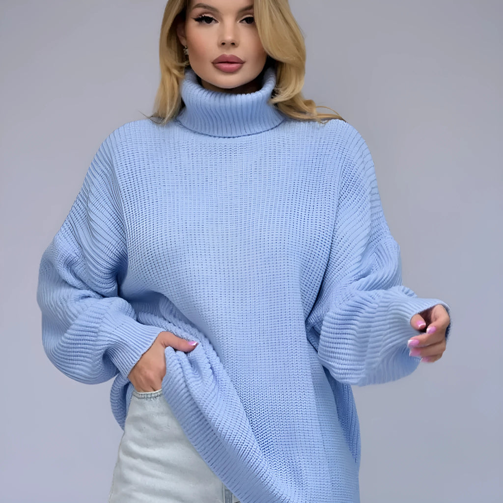 Women's solid colour high neck pullover sweater in imitation cashmere fabric on a hanger.