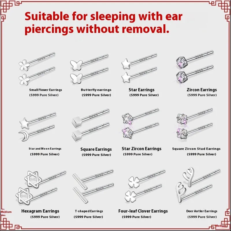 999 pure silver anti-blocking ear studs in butterfly shape on white background