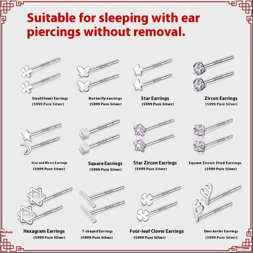 999 pure silver anti-blocking ear studs in butterfly shape on white background