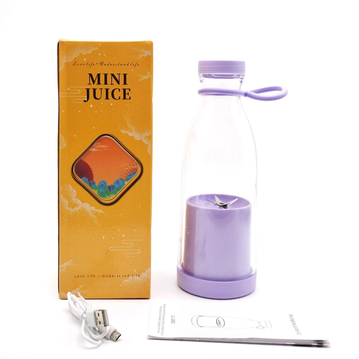 Electric USB wine bottle juicer cup with 6-leaf cutter head, PC food grade plastic liner, 400ml capacity, shown in white